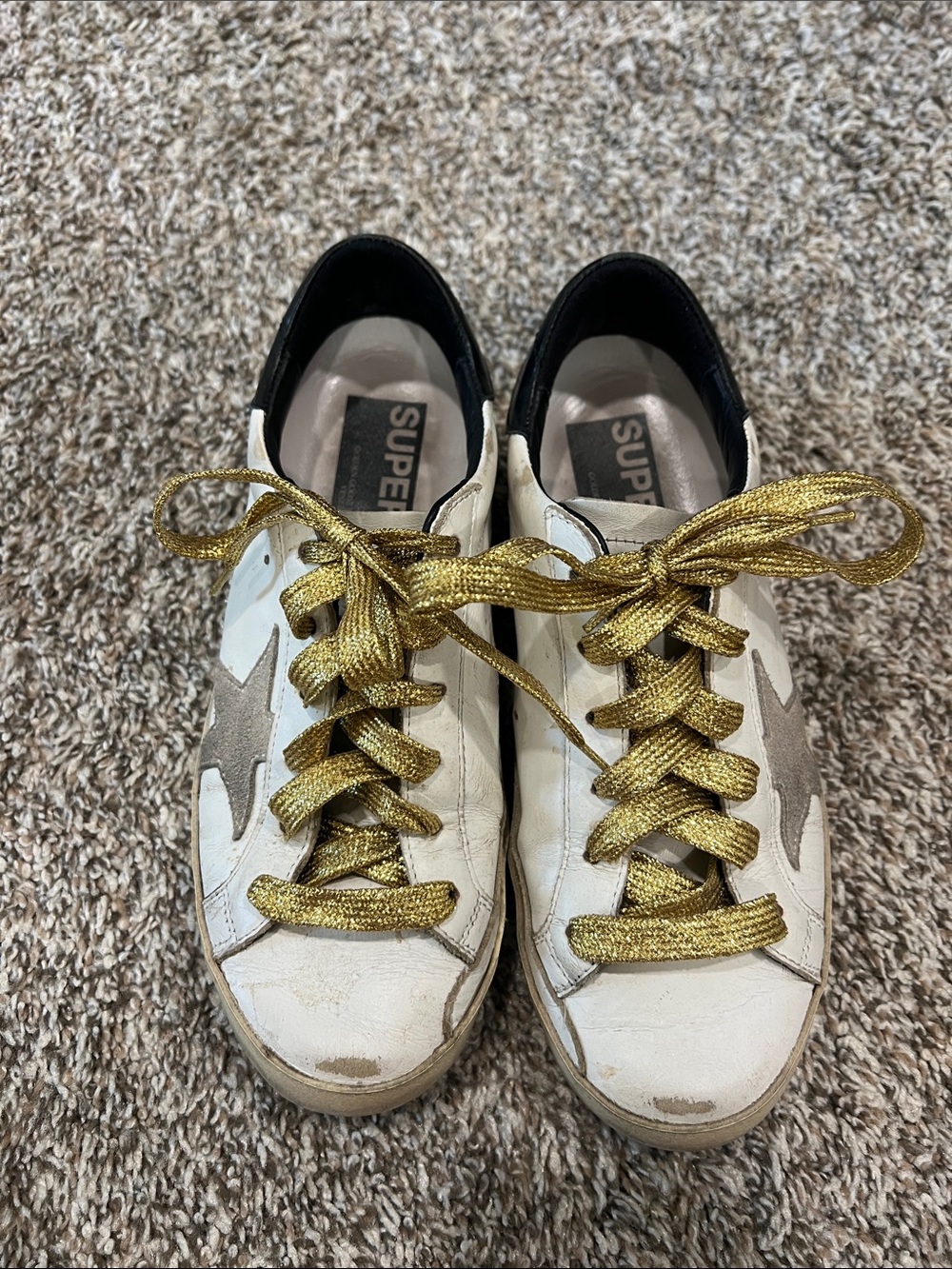 Golden Goose White Leather Sneakers with Gold Laces and Taupe Star